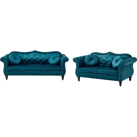 Living Room Set Teal Velvet 2 Seater 3 Seater Nailhead Trim Button Tufted Throw Pillows Rolled Arms Glam SKIEN (1/5)