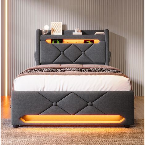 lit adulte rangement 90x200 LED lin gris USB Type C OKMYHOME (1/5)
