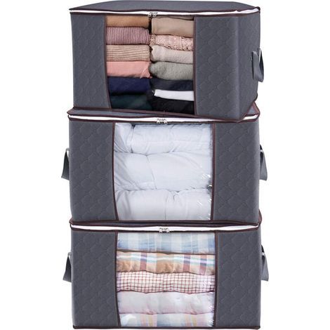 Sac de rangement sous lit en non-tissé épais – Lot de 3, gris, 60 x 43 x 35 cm, pour couettes, oreillers, jouets et vêtements (1/5)