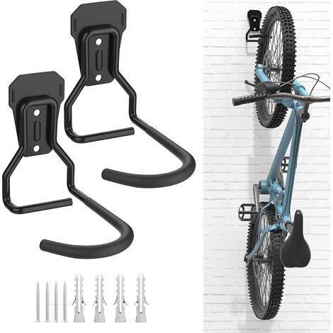 2 Pack Bike Hooks, Black, Iron Bike Hanger Holders, Heavy Duty L-Shaped Bicycle Storage Wall Mount, Practical Vertical Bike Rack for Home Garage (1/5)