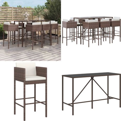 9-tlg. Gartenbar-Set mit Kissen Braun Poly Rattan - Gartensitzgruppe - Outdoor Möbel - Gartenbar - Lounge Set - Rattan Gartenmöbel - Home & Living