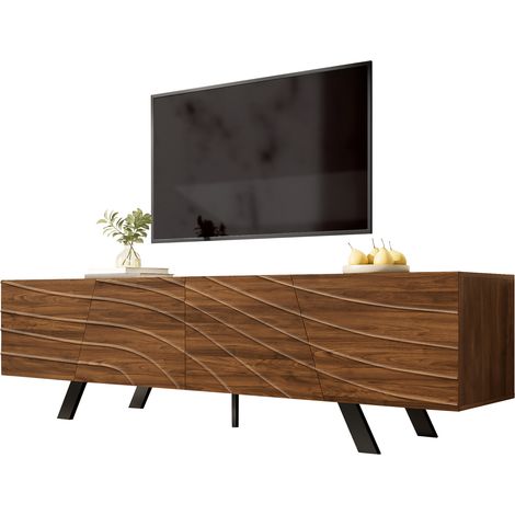 Meuble TV bois foncé à façade ondulée, grand rangement, passe-câbles et pieds métal noirs, style moderne pour salon ou entrée, 160 cm – CHICFURN (1/5)