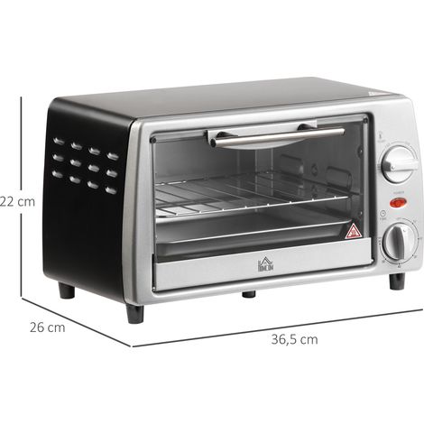Four à pizza HOMCOM Mini 10 L 750 W 100-230 °C Minuteur 60 min avec plaque de cuisson, grille et fond amovible, couleur argent (1/5)