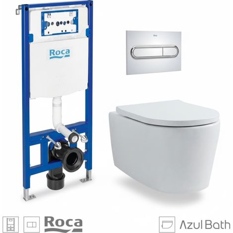 Bastidor empotrado ROCA Duplo Pack con cisterna y pulsador PL1 Dual cr, con inodoro suspendido Rimless LIA de AzulBath