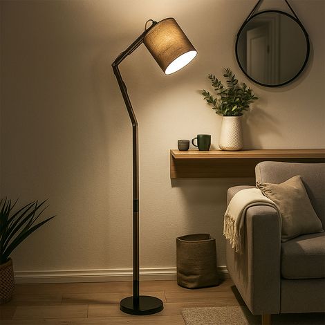 Lampada da terra LED in tessuto lampada articolata lampada da terra in piedi paralume in legno orientabile, marrone nero, 9W 810lm bianco caldo, LxLxH 75 x 25 x 172 cm (1/5)