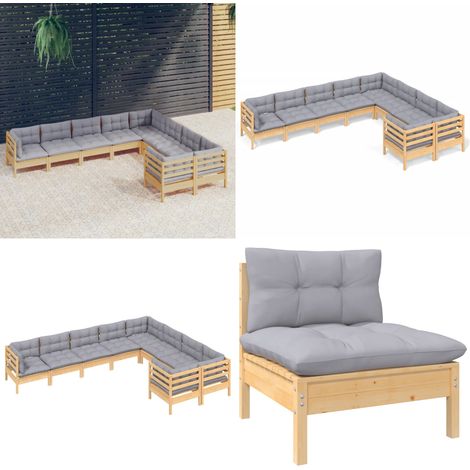 9-tlg. Garten-Lounge-Set mit Grauen Kissen Kiefernholz - Garten-Lounge-Set - Garten-Lounge-Sets - Home & Living (1/5)