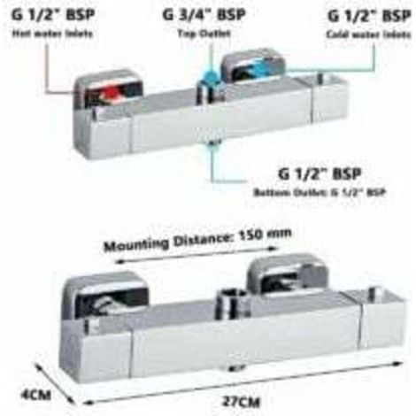 Mitigeur thermostatique de douche carré en laiton chromé – Sorties 3/4 et 1/2 – Température stable jusqu'à 50℃ – Installation murale (1/4)