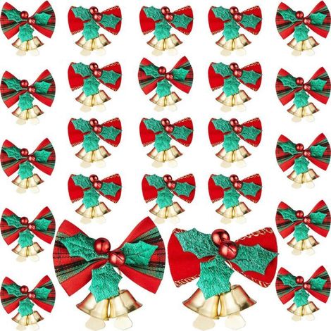 24 Mini-Weihnachtsschleifen mit Glöckchen, Christbaumschmuck, Hängeschleifen für den Weihnachtsbaum, Geschenkanhänger, Ornamente, 2 Ausführungen