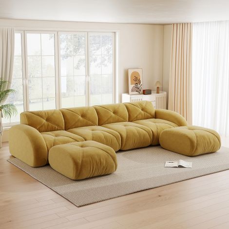 U-förmiges Modulsofa, rahmenloses Sofa, 4-Sitzer-Kombinationssofa-Set, inklusive 2 Hockern, geeignet für das Wohnzimmer, bequemer Stoff, rutschfestes Design, keine Montage erforderlich, Gelb 
WL