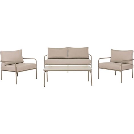 Ensemble de Salon de Jardin Structure en Acier 4 Places Fauteuils et Canapé avec Coussins en Tissu Hydrofuge Housses Amovibles Beige Clair Nesso (1/5)