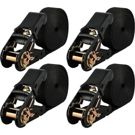 Sangle à cliquet - Sangle pour coffre de toit - Sangle d'arrimage pour remorque moto - Sangle d'arrimage pour voiture 25 mm x 4 m, lot de 4 pour porte-vélos, voiture, bagages (noir) (1/4)