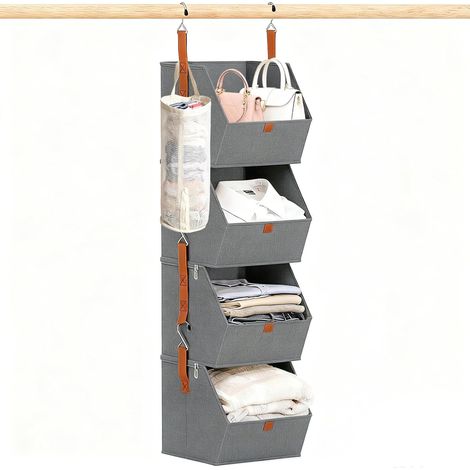 Organisateur Suspendu 4 Niveaux Gris – Étagères de Rangement pour Vêtements, Bacs en Tissu Collapsibles, Idéal Chambre, Dressing, Dortoir, Camping-car (1/5)