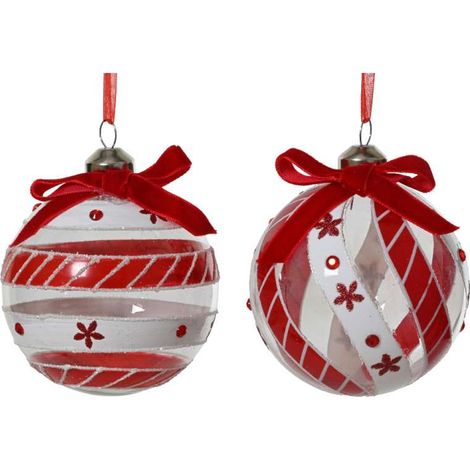 Decoris Sfera di Natale Vetro Trasparente - Glitter e Nastro Rosso - 8 cm (1/2)