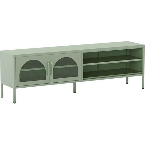 OLIVIA - Meuble TV 160 cm 2 Portes Ajourées 2 Niches en Métal Vert Menthe
