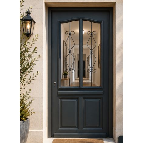 Gd Menuiseries – Porte d'entrée en bois vitrée Sandro gris anthracite RAL 7016 – H200 x L90 cm – Vitrage 4/12/4 – Dormant 46 mm – Sécurité 6 points (1/4)