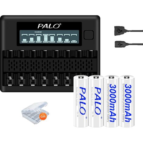 Batería recargable, ecológica, compatibilidad versátil, 4 pilas AA y cargador. (1/2)