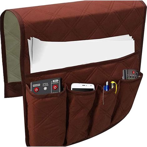 Sac de rangement pour accoudoirs de canapé, antidérapant, 90 x 34 cm, 5 poches, pour TV, télécommande, magazines, livres, téléphone portable (rouge) (1/5)