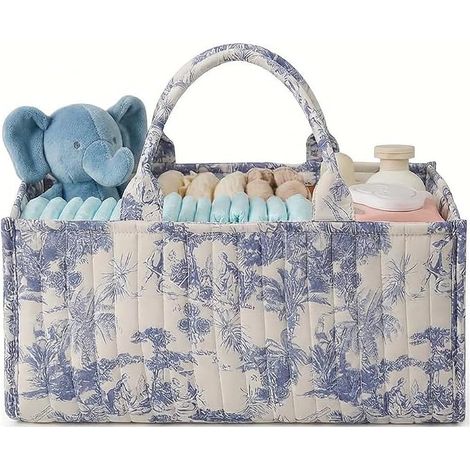 Panier Rangement Bébé, Panier Organisateur Matelassé à Motif Floral, Rangement Table a Langer Bebe, avec Poignée et Compartiments Détachables (A-Bleu) (1/5)