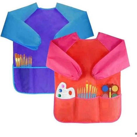 Tablier Peinture Enfant - Manches Longues - Protection Arts Plastiques - 2 Pièces - Bleu Rouge - Pour Enfants 2 À 6 Ans (1/4)