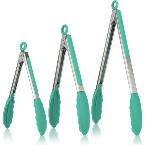 Pince Cuisine Lot de 3 Pinces Barbecue en 18/8 Acier Inoxydable Ustensiles Cuisine avec Poignée Silicone Résistante à La Chaleur 315℃ Pince Buffet Anti-adhé, sans BPA (Sarcelle) (1/4)