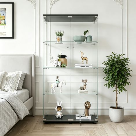 Vitrine en verre trempé 4 niveaux – double porte – Serrure de sécurité – Protection anti-basculement pour salon/chambre, Dimensions 80.5x36x164 cm