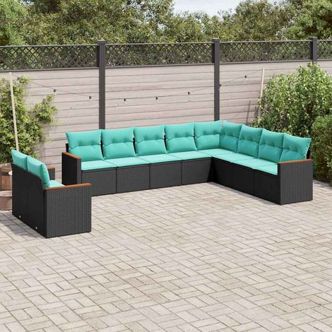 Salon de jardin modulable 10 pièces en résine tressée noire avec coussins bleus, 82kg - PANGIVO (1/5)