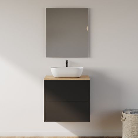 Meuble de salle de bain 60cm avec vasque à poser arrondie - 2 tiroirs - noir - MONA (1/5)