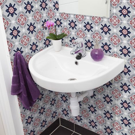 Sticker Mural Carrelage adhésif Cuisine Salle de Bain - 24 STICKERS CARREAUX DE CIMENT AZULEJOS HELENA - 24stickers10x10cm (1/5)