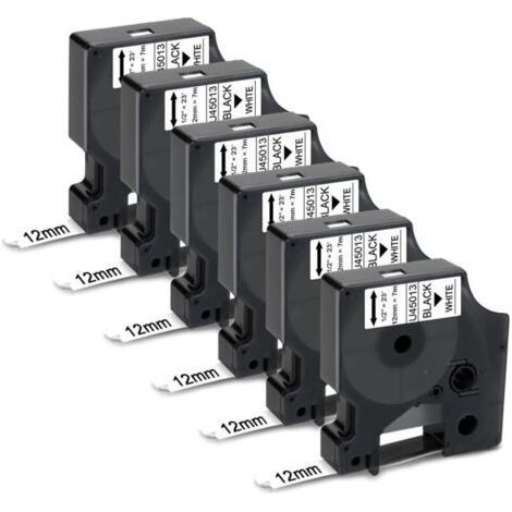 6x Ruban pour Étiqueteuse Compatible pour Dymo D1 45013 S0720530 45013s Rubans d'étiquettes pour Dymo LabelManager 160 100 150 120P 200 280 220P , 12mm x 7m(Noir sur Blanc) (1/5)
