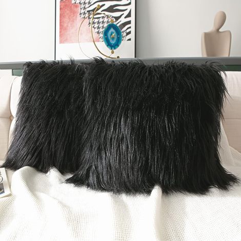 2 Pack Decorative Faux Fur Throw Pillow Covers Velvet Fluffy Cushion Covers for Living Room Bed Couch Sofa Chair, 18x18'', Black (1/5)