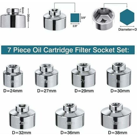 Clés à Filtre à Huile Lot de 7 - Compatibles avec BMW, Mercedes, VW (Capuchon 24mm-38mm) (1/4)