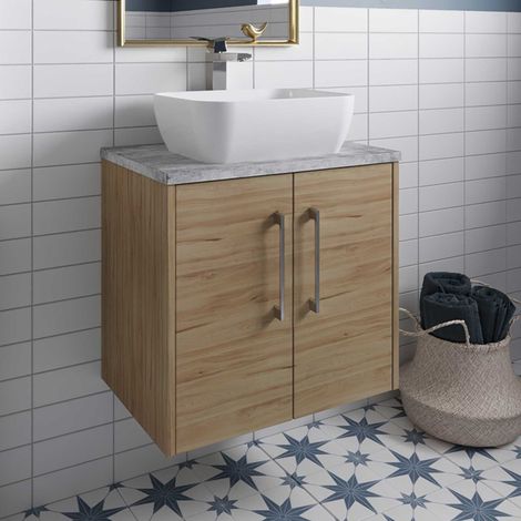 Hudson Reed Juno Wall Hung 2-Door Vanity Unit with Bellato Grey Worktop 600mm Wide - Autumn Oak (1/5)