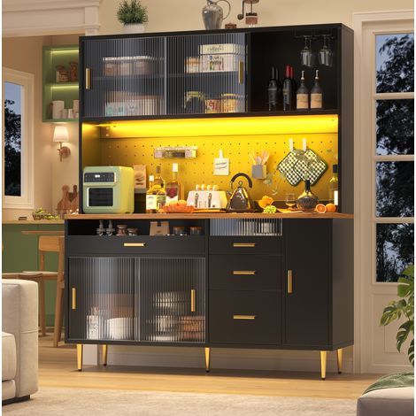 Buffet haut avec LED, portes coulissantes en verre, 145 x 39 x 171 cm, noir, HAVRYA (1/5)