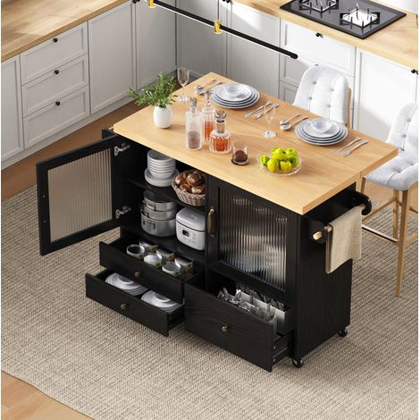 MEUBLIV isla de cocina móvil extensible negra y madera con ruedas, almacenaje y colgador (1/5)