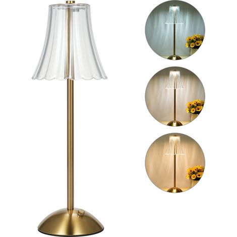 Lampe de table vintage sans fil, abat-jour en cristal forme fleur, base dorée, tactile, rechargeable USB-C, 3 températures de couleur, dimmable