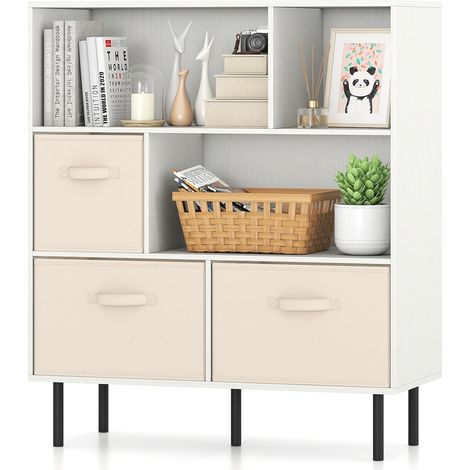 COSTWAY Bibliothèque 6 Cubes, Étagère 3 Niveaux, 3 Tiroirs Pliables Amovibles en Tissu, Kits Anti-basculement, Pieds en Métal, Organisateur de Rangement Moderne pour Salon, Bureau, Chambre (Blanc) (1/5)