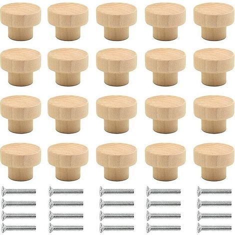 20 poignées de meuble en bois rond, boutons en bois naturel, boutons de porte en bois, boutons de tiroir, adaptés aux armoires et tiroirs. (1/5)