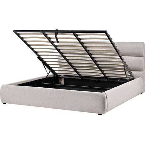 Cama tapizado de tela de lino sintético 180 x 200 cm con almacenaje somier elevable gris Bonifacio