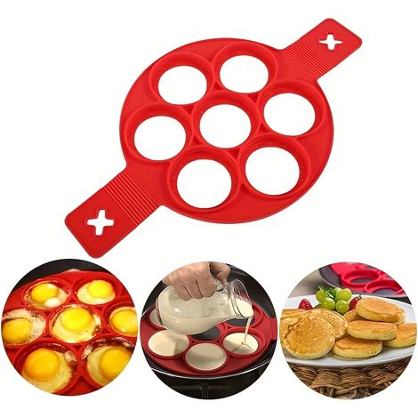 1 moule en silicone antiadhésif pour crêpes et œufs – Ustensile de cuisson rond à 4 cavités, rouge (1/5)