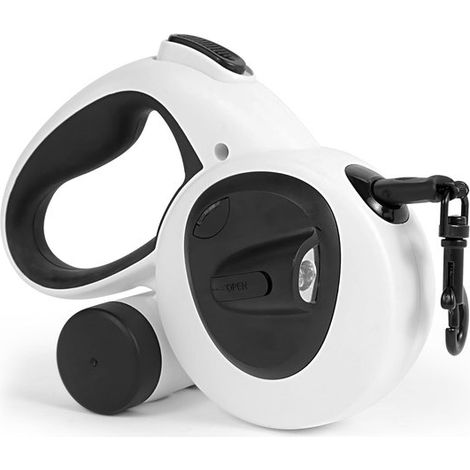 Guinzaglio estensibile 4 in 1 per cani, 5 metri, con luce LED e porta sacchetti per escrementi, robusto, adatto a cani fino a 49,9 kg. (1/4)
