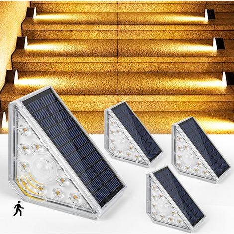 Solar-Treppenleuchte, 300 lm, LED-Solar-Treppenleuchten für den Außenbereich mit Sensor, IP67 wasserdichte Außen-Solarleuchten für Treppen, Garten, Terrasse, Garage, Stufen, 4 Stück [Energieklasse A] (1/5)