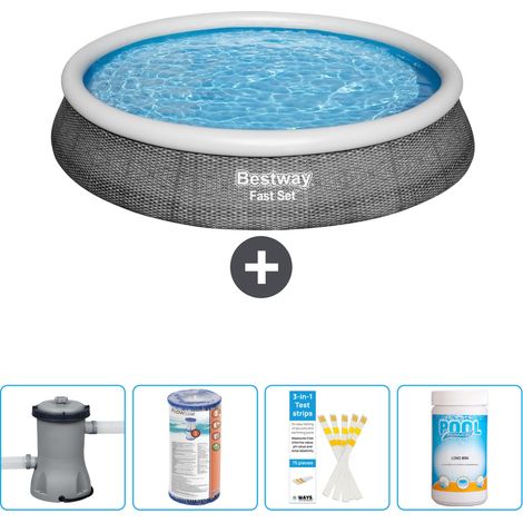 Piscine gonflable ronde Bestway à réglage rapide - Imprimé rotin - 396 x 84 cm - Comprend des Accessoires CB49 (1/4)