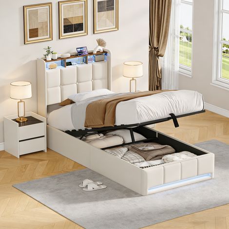 Lit Coffre 90x200 avec LED , USB et Type-C, Lit simple Rembourré avec Rangement Cadre de Lit , sommier à lattes,Lin,Beige