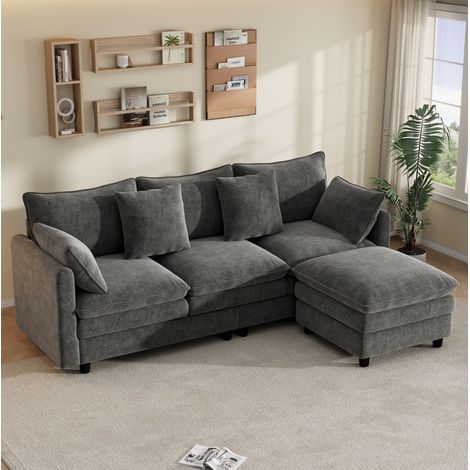Sofá rinconero 3 plazas con chaise longue desmontable, 4 cojines, 212 x 150 x 90 cm, gris OKMYHOME (1/5)