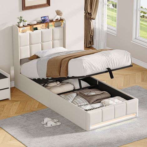 Cama simple - Cama neumática 90x200 - Tapizado en lino beige - Almacenamiento en cofre hidráulico - LED RGB y USB-C