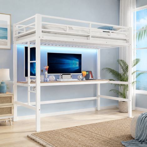 Letto a soppalco 90 x 200 cm con scrivania, LED 7 colori, USB e Type-C, bianco HAVRYA (1/5)