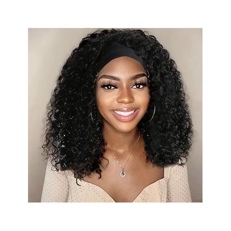 Perruque Bandeau Bouclé 14" Noir Naturel Bandeau Pour Synthétique Sans Colle, Perruque Avec Bandeau Intégré Deep Wave (Noir 14"1B) (1/5)