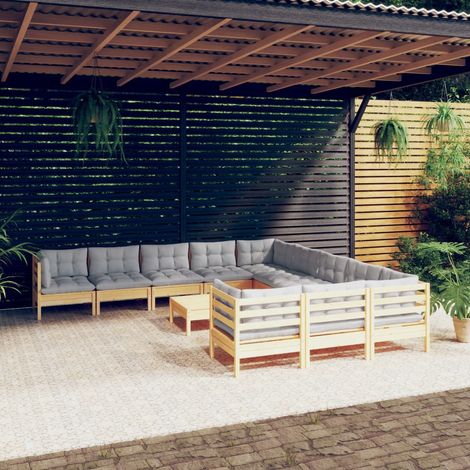 Salon de jardin modulable 12 pièces en bois de pin massif avec coussins gris pour extérieur, canapé d'angle et repose-pied (1/5)