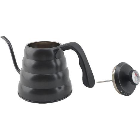 Bouilloire à café en acier inoxydable avec col de cygne, thermomètre et compatible avec les plaques à induction et vitrocéramiques, noire, 1,2 L. (1/2)