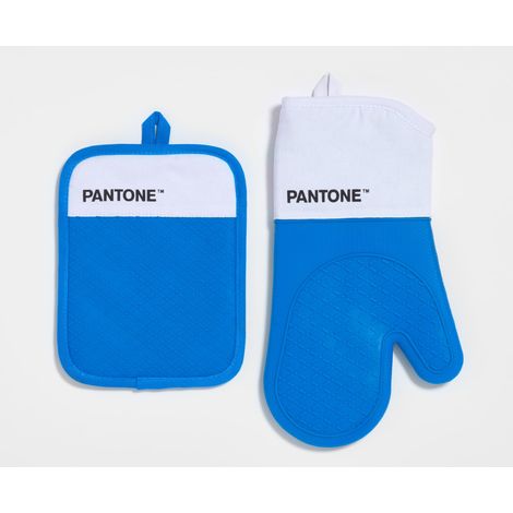 Ensemble de Cuisine composé d'un Gant de Four + manique, en Coton avec poignée antidérapante en Silicone, Accessoires de Cuisine utiles, résistants à la Chaleur jusqu'à 250 °C, Blanc/Bleu (1/5)